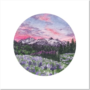 Purple Skies with Mountains and Fields Watercolour Landscape Painting Posters and Art